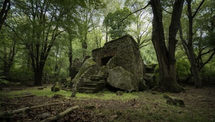 Ancient building remains with massive stones surrounded by lush trees, illustrating weathering and decay