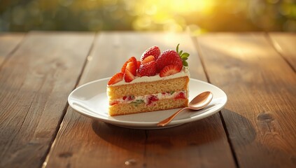 Slice of strawberry cake loaded with chunky strawberries, suitable for bakery showcase, National Cake Day