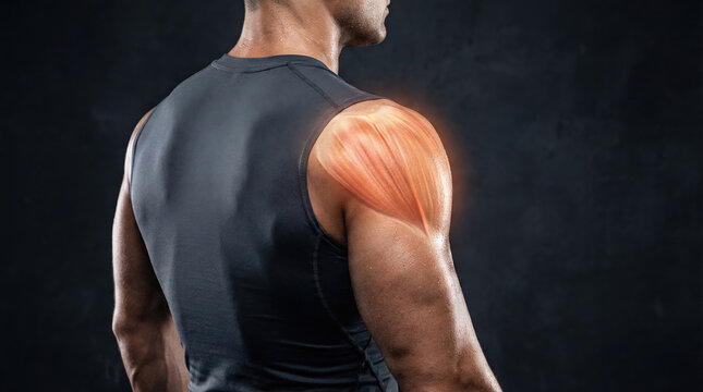 Anatomical illustration of the deltoid muscle in a muscular man's shoulder during a workout.