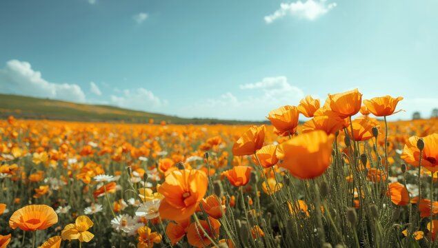 Bright poppy flower field scene with a focus on floral pattern for editorial header background