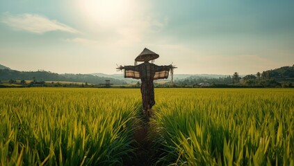 Straw hat wearing scarecrow in rice paddies deterring bird damage, focusing on crop protection