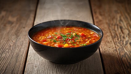Homemade red lentil and tomato soup with barley and vegetables served in a black bowl, highlighting healthy meal assembly