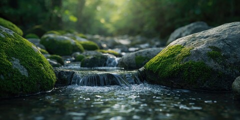 Forest creek with flowing water amid dense trees, emphasizing erosion and seasonal variation