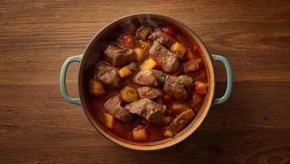 Fototapeta premium Braised beef meat stew with vegetables seen from above, highlighting slow-cooked meal, National Nutrition Month