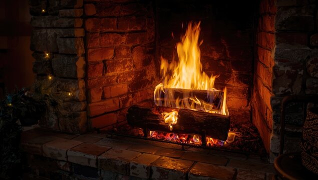 Yule log burning in a fireplace during winter festivities, holiday atmosphere
