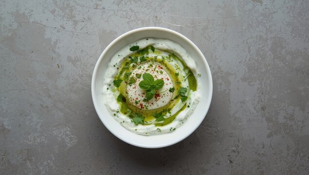 Indian-style cucumber and herb raita served on a gray concrete surface, fresh ingredients