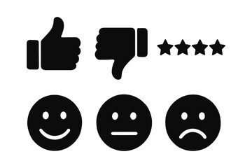 Feedback icons: thumbs up, thumbs down, star ratings, and emotion faces in black silhouette style