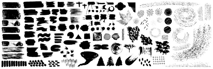 Ink abstract blobs set. Paintbrush shapes and pattern. Sketch vector illustration.