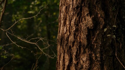 Tree bark surface in natural sunlight, ideal for background in editorial or graphic layouts