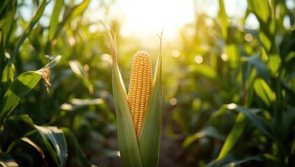 Detailed view of a corn plant with fully developed ears emphasizing crop growth, farming process, Earth Day