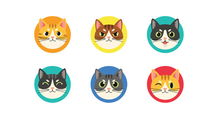 Set of six colorful round icons features different cat faces with various expressions and markings for pet lover social media or app profiles.