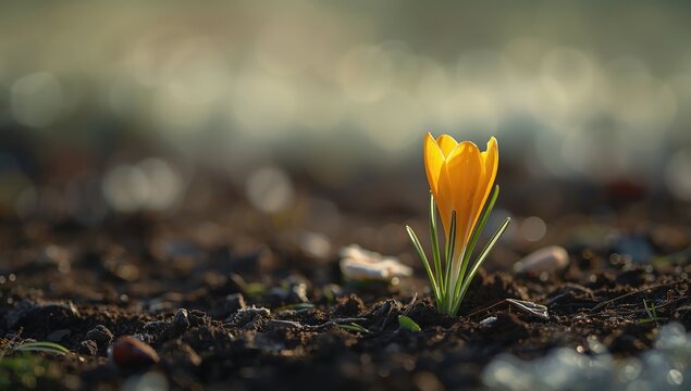 Close-up of yellow crocus blooming in spring soil, suitable for botanical backgrounds or floral layouts