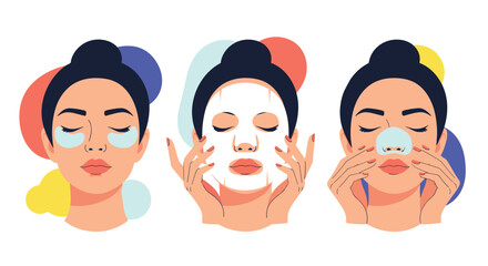 Fototapeta premium Set of three illustrations shows women applying different skincare treatments including eye patches, a sheet mask, and a nose strip for beauty.