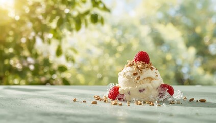Ice cream with nuts and raspberry topping, designed for indulgent flavor and visual appeal