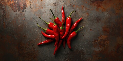 Metal surface background featuring fresh chili peppers highlighting their fiery qualities, suitable for culinary layout