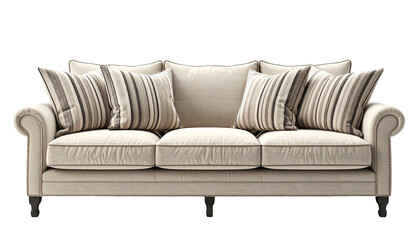 Elegant cream-colored sofa with striped pillows and rolled arms, on black legs