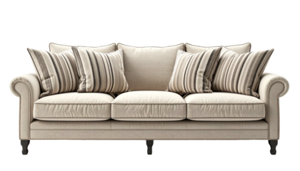 Elegant cream-colored sofa with striped pillows and rolled arms, on black legs