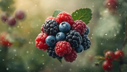 Macro image of assorted wild berries highlighting natural textures and colors for botanical research