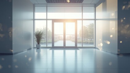 Empty lobby with interior view, entrance doors in the background, ideal for UI backdrop or editorial header