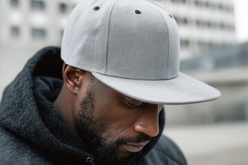 A man wearing a patterned cap and hoodie, focused and contemplative in an urban setting. Snapback cap mockup