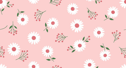 Floral pattern featuring white daisies with pink centers and sprigs of red berries scattered over a light pink background.