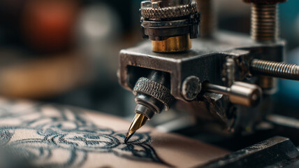 Close up view of a tattoo machine in operation on the skin with detail and precision of the ink.