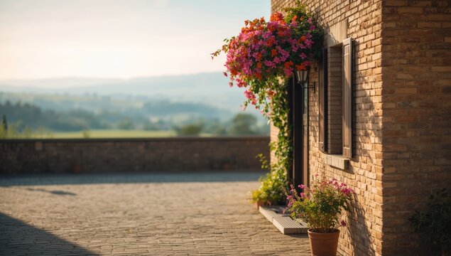 Scenic view of vineyard fields and rustic buildings in Tuscany, ideal for editorial header backgrounds