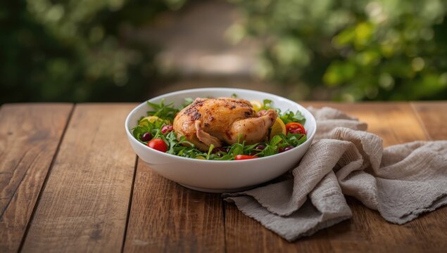 Cooked chicken alongside a colorful mixed salad in a white bowl, highlighting balanced meal preparation