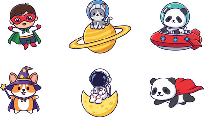 Cute cartoon superhero kid space animals wizard and astronaut characters in colorful flat vector illustration set © Sumon Creative