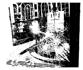 Image of a cracked window. View of the building through broken glass. Vector illustration