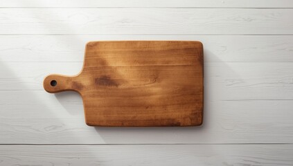 Brown empty cutting board on white wooden background, used for culinary presentation and ingredient arrangement, Food & Drink