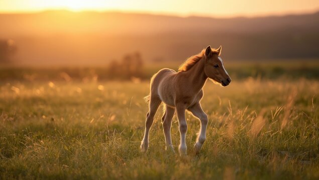 Adorable horse filly resting in sunset meadow, highlighting youthful vitality and serene environment