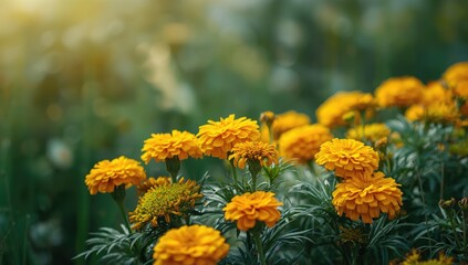 Bright marigold blossoms growing among lush foliage in a park, emphasizing plant life, World Plant Day