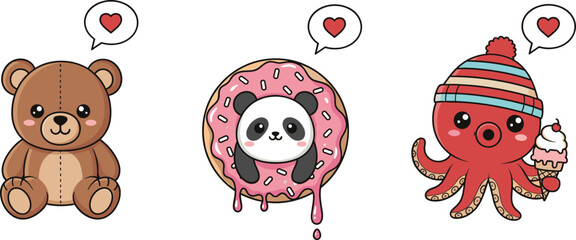 Cute cartoon teddy bear panda donut and octopus ice cream icons kawaii illustration set © Sumon Creative