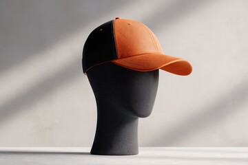 A stylish orange cap rests on a black mannequin head against a softly lit, neutral background. Snapback cap mockup