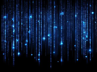 Glowing blue binary code cascades down a black screen with digital stars