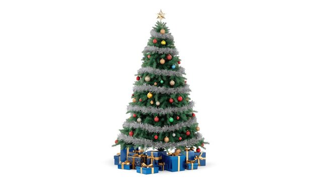 Christmas tree adorned with blue presents, holiday decor for seasonal celebration