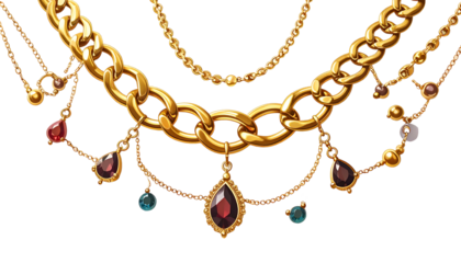 Ornate gold necklace illustration with multiple chains, gems, and a black background