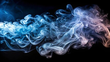 Fototapeta premium Ethereal swirling currents of translucent vapor with gradients of electric blue transitioning to soft rose on a stark black backdrop