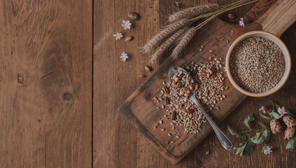 Close-up of seeds on a spoon next to linen bran in a bowl and flax leaves on a wooden board, focusing on plant-based ingredients, World Food Day