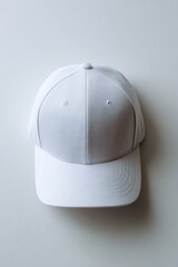 A stylish white cap with intricate patterns, set against a soft gray background, perfect for casual wear. Snapback cap mockup