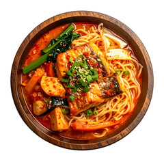 Overhead view of a vibrant bowl of ramen with fish, vegetables, and a spicy broth