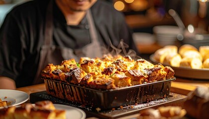 Chef presenting a steaming bread pudding in a dark metal pan with a golden brown crust dusted with powdered sugar in a warm ambient restaurant setting with soft bokeh lights