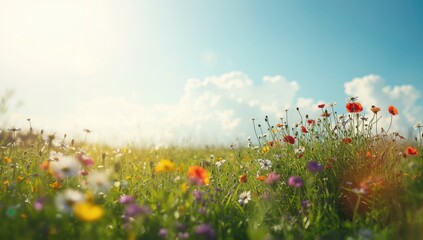 Sunlit spring meadow with flowering plants and blue sky, suited for seasonal backgrounds and editorial headers, World Earth Day