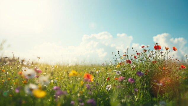 Sunlit spring meadow with flowering plants and blue sky, suited for seasonal backgrounds and editorial headers, World Earth Day