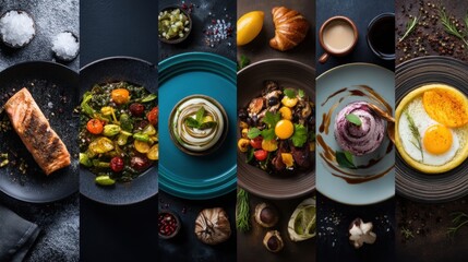 A variety of food arranged on different plates show different culinary styles and ingredients. Items include fish vegetables eggs and desserts. The setting appears modern and stylish.