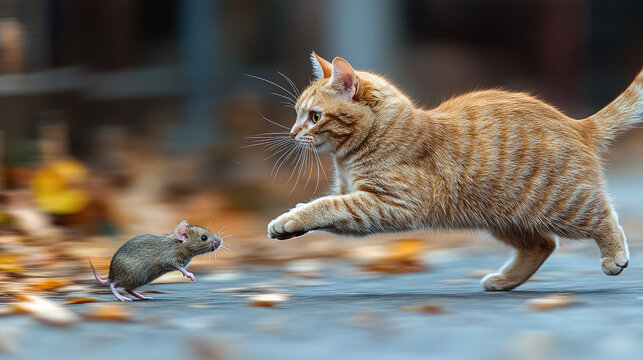 High speed chase, cat chasing mouse, motion blurred