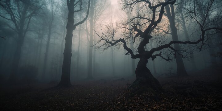 Foggy forest landscape on a dreary day with dense mist and shadowy trees, highlighting environmental preservation - Powered by Adobe