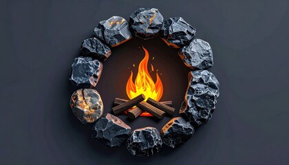 Circle of Burning Embers and Glowing Firewood Set Ablaze on Dark Textured Background with Orange Flames