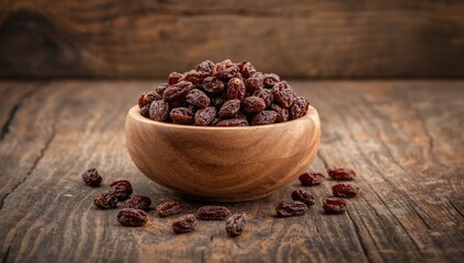 Dried brown raisin arranged in a wooden bowl on a wooden background, highlighting organic fruit choices, Nutrition Awareness Week